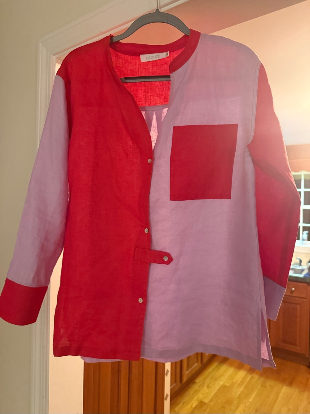 Women’s Two-Tone Button-Down Shirt in Red and Light Pink